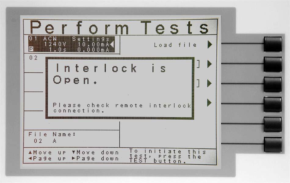 If the Remote Interlock contacts are opened during a test, the pop-up message will be displayed and the test will abort.