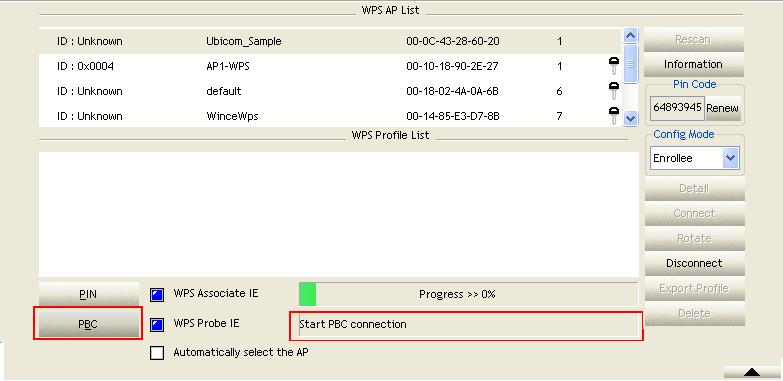 1. Select "Enrollee" from the Config Mode drop-down list. 2. Click PBC to start the PBC connection. 3. Push the PBC on AP.