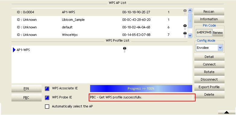 8. Then connect successfully. The result will be displayed as it is in the figure below. Describe "WPS Status Bar" - "PBC - xxx" as follow: 1.