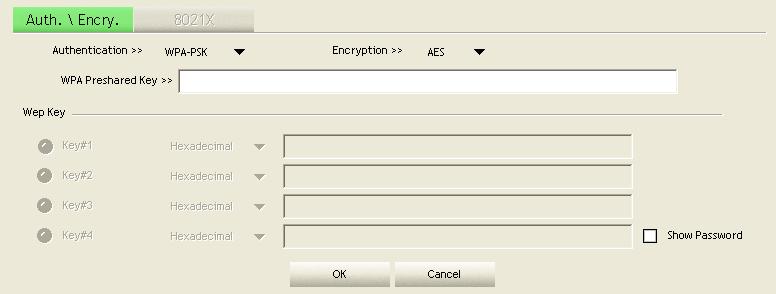 4.3 Security 4.3.1 Auth / Encry.Setting-WEP/TKIP/AES Figure 3-1 Auth.\Encry. Settings 1. Authentication Type: There are 7 authentication modes supported by RaUI.
