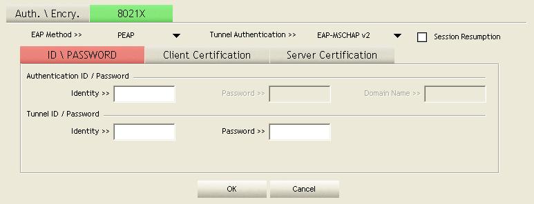 4.3.2 802.1x Setting 802.1x is used for authentication of the "WPA" and "WPA2" certificate by the server. Authentication type: 1. PEAP: Protect Extensible Authentication Protocol.