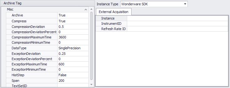 External Acquisition Item Instance The default instance name for the Wonderware SDK Interface is WWSDK.