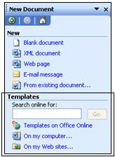 The New Document Task Pane allows the user to access any of the available templates in Word. To open a template to create a document: 1. Select the File menu New.