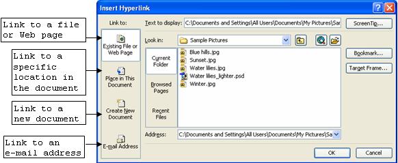 HYPERLINK Hyperlinks are words that, when clicked, will take the user to a defined URL (Uniform Resource Locator an address on the Web), a location in the same document (through the use of