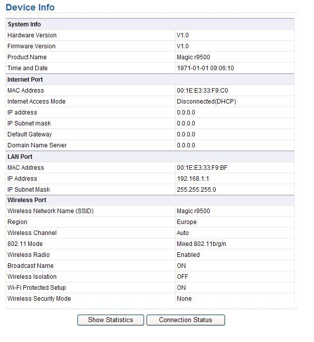 This page displays the information of the current running status of the device, including system information, connection status of the Internet port,