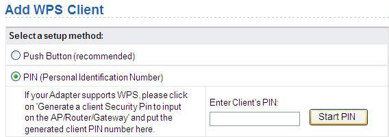 PIN mode Select PIN (Personal Identification Number) and enter the PIN of the network (refer to the client of the network card), then click Start PIN to start WPS connection.