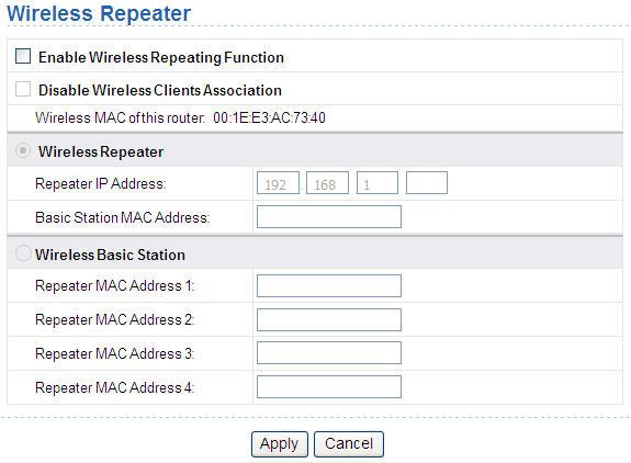Choose Wireless Settings > Wireless Repeating Function and the Wireless Repeater page is displayed.