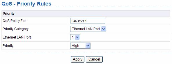 The following table describes parameters in this page: QoS Policy For Priority Category Ethernet LAN Port Priority Enter the name of the QoS policy. Select Ethernet LAN Port.