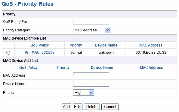The following table describes parameters in this page: QoS Policy For Priority Category MAC Device Example List MAC Device Add List MAC Address Device Name Enter the name of the QoS policy.