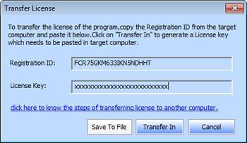 3. Copy the Registration ID displayed on the Target Computer in the field of Registration ID on the Source Computer. 4. To get your License Key, click Transfer In button on Source Computer.
