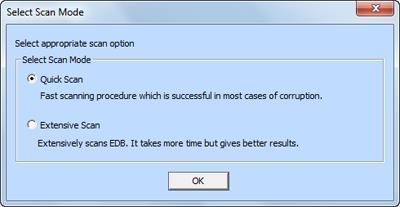 Scan EDB File After selecting the EDB file that you want to recover, click Start. Select Scan Mode dialog box opens.