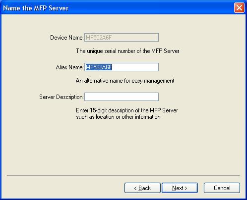 9. Set the Alias Name and the MFP Server Description to the MFP Server here. Click Next.