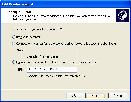 4. Select A network printer, or a printer attached to another computer. Click Next. 5. Select Connect to a printer on the Internet or on a home or office network and enter the URL of MFP Server.