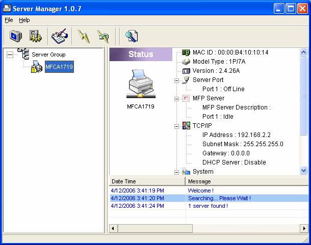 7.3 Status of MFP Server Click Status icon on the tool bar, the status of the currently selected MFP Server will be showed on the right side of the window.