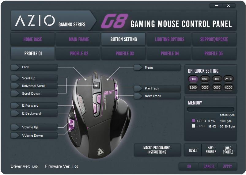 BUTTON SETTING G8 Gaming Mouse The Button Setting tab allows for button customization, macro programming, and quick DPI setting. Please note that DPI and Profile buttons cannot be changed.