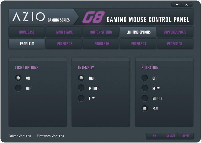 LIGHTING OPTIONS G8 Gaming Mouse The Lighting Options tab gives the options to turning the lighting on or off, setting the light intensity and pulsation effects.
