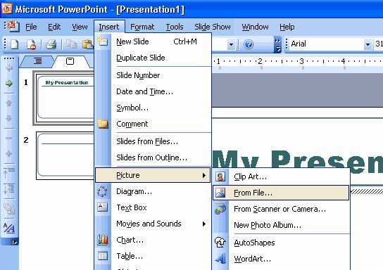 PowerPoint Inserting Pictures and Sounds To insert pictures into a slide, click on Insert Picture (Figure 41).