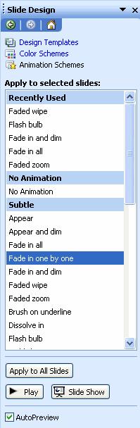 Figure 46 PowerPoint Slide Design menu Clicking once on an animation scheme will apply it to the current slide (Figure 47).