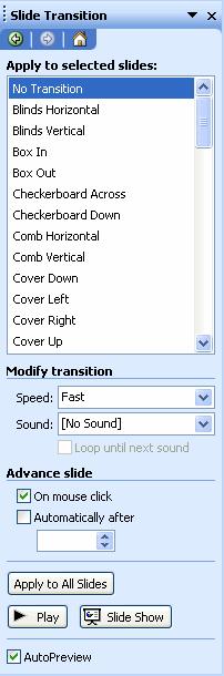 PowerPoint Animation and Transitions (cont d) To add slide transitions to your slide show, click on the down arrow in the task pane area (Figure 46) and select Slide Transition.