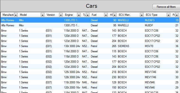 Displaying vehicles supported Click on Cars to display the list of all cars supported by Powergate³. You can filter the information as in Excel.