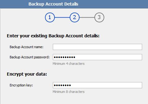 In the Backup Account password box, type a password that consists of a minimum of 4 characters. Confirm it in the Confirm password box. 3.