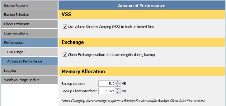 The Advanced Performance page in the Options and Settings dialog box consists of the following areas: VSS Exchange Memory Allocation VSS area Use Volume Shadow Copying (VSS) to back up locked files