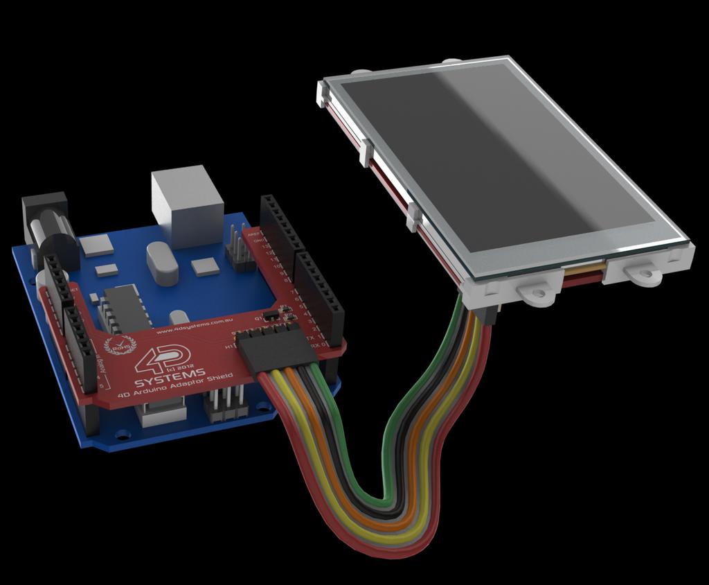 Communication to the 4D Systems Display Modules is performed via the Arduinos serial port (RX and TX), and is provided to the user in a simple 5-pin interface, where a 5 way cable