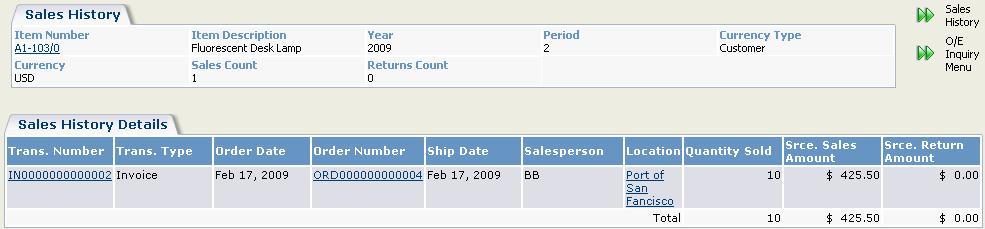 Using Sage 300 Inquiry 5. Click any active link to view more details. For example, click the link in an item s Period column to display sales history detail of the item during the selected period.