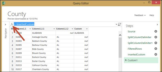 26. Next to remove the state data start by right-clicking on Column1.2.2 and select Insert Column ->Custom. 27. Add the following code to the Custom Column Formula box: if [Column1.2.2] = null then [Column1.