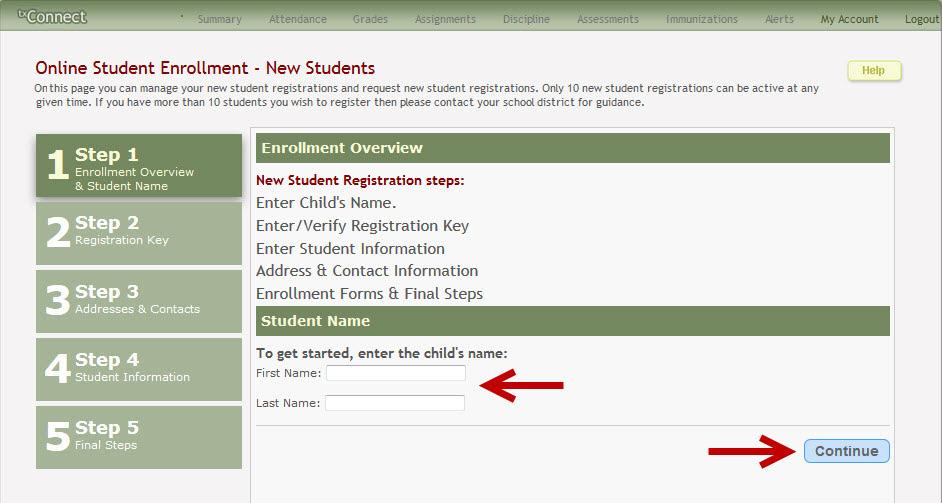 From the My Account page, click the Manage My New Students link. The Online Student Enrollment - New Students page is displayed.