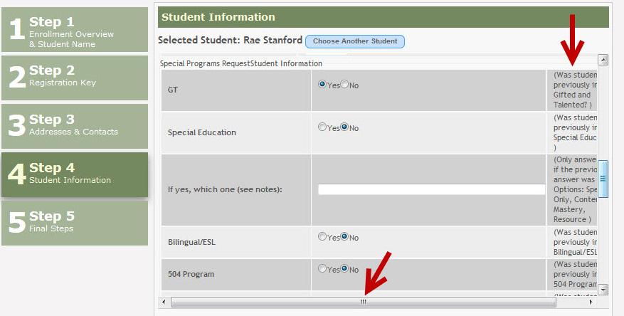 These scroll bars are independent of the main browser window and control only the Student Information section.