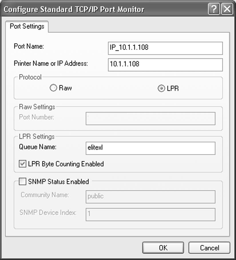 7a. If using LPR: Under Protocol, select the radio button next to LPR. Under Raw Settings, set the Port Number as follows: For GCC large format (Elite XL) printers, enter Elitexl as the Queue Name.
