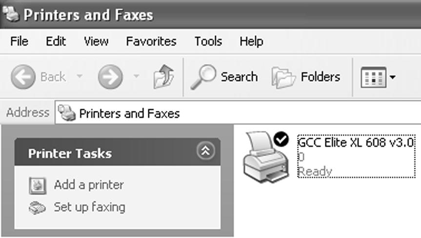 17. An icon for the printer will appear in the Printers and Faxes window. You are now ready to print to your GCC printer. TRADEMARKS GCC Technologies is a registered trademark of GCC Technologies Inc.