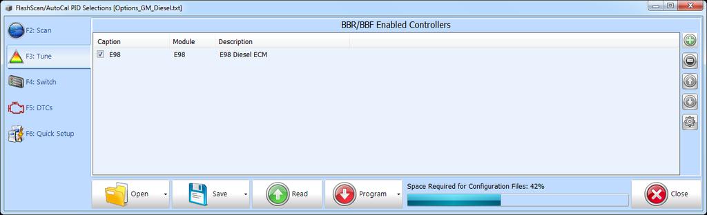 BBR & BBF (Black Box Reading and Flashing) Configuration Duramax 2.8L E98 DSP4 User Guide 1. Select the [F3: Tune] option in the left-hand pane. 2. Remove any unnecessary controller configurations to ensure capacity restrictions are not exceeded.