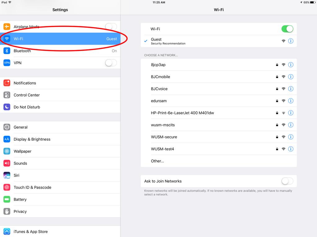 Tap Wi-Fi in the left column to select your Wi-Fi settings.