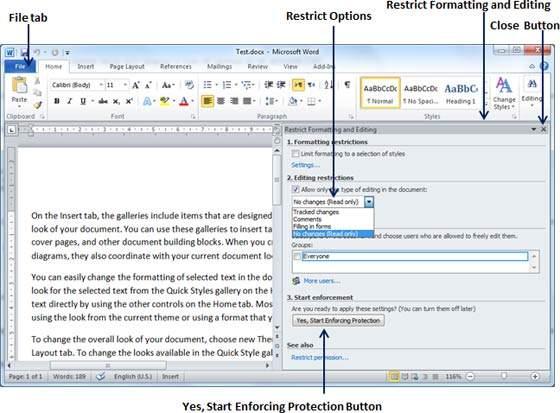 Step 3: Select Restrict Editing option simply by clicking over it.