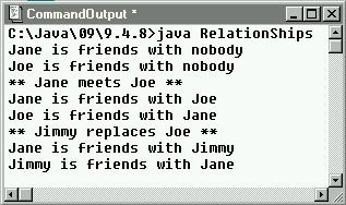 Java by Definition Chapter 8: Files and Security Page 55 of 90 Now we can tell the story of this relationship by simply executing the RelationShips programs, as shown in figure 9.4.