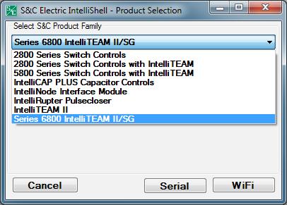 Establishing a Serial or WiFi Connection Select Series 6800 IntellTEAM II/SG form the S&C Electric IntelliShell Product Selection dialog and click the Serial button to make a serial connection, or