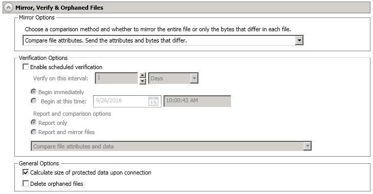 Mirror, Verify & Orphaned Files Mirror Options Choose a comparison method and whether to mirror the entire file or only the bytes that differ in each file.