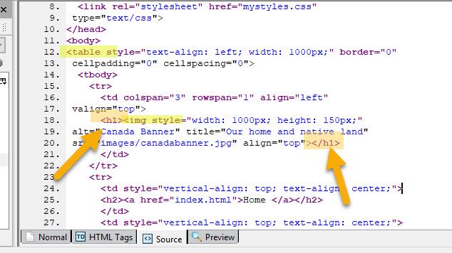 5. Notice the <h1> tag. That is still there from lab 4. When we removed the text and inserted the banner image, we didn t get all of the tags, and the <h1> and </h1> tags are still there.
