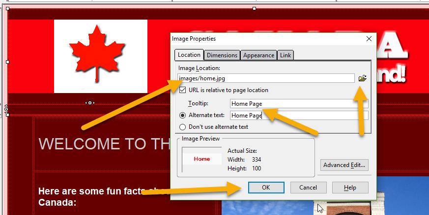 10.Put your mouse in the first cell and click on the Image button and then on the Image Location folder icon to find the image and navigate to the lab06/canada/images folder and select the file