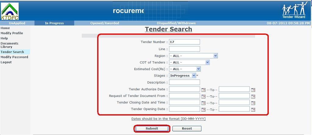 system. SEARCH ENGINE: Click Tender Search to search the tenders which are available on the website.