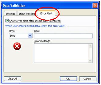 Figure 7 - Data Validation Box (Error Alert Tab) 6. There are four different components to complete. Each field is optional.