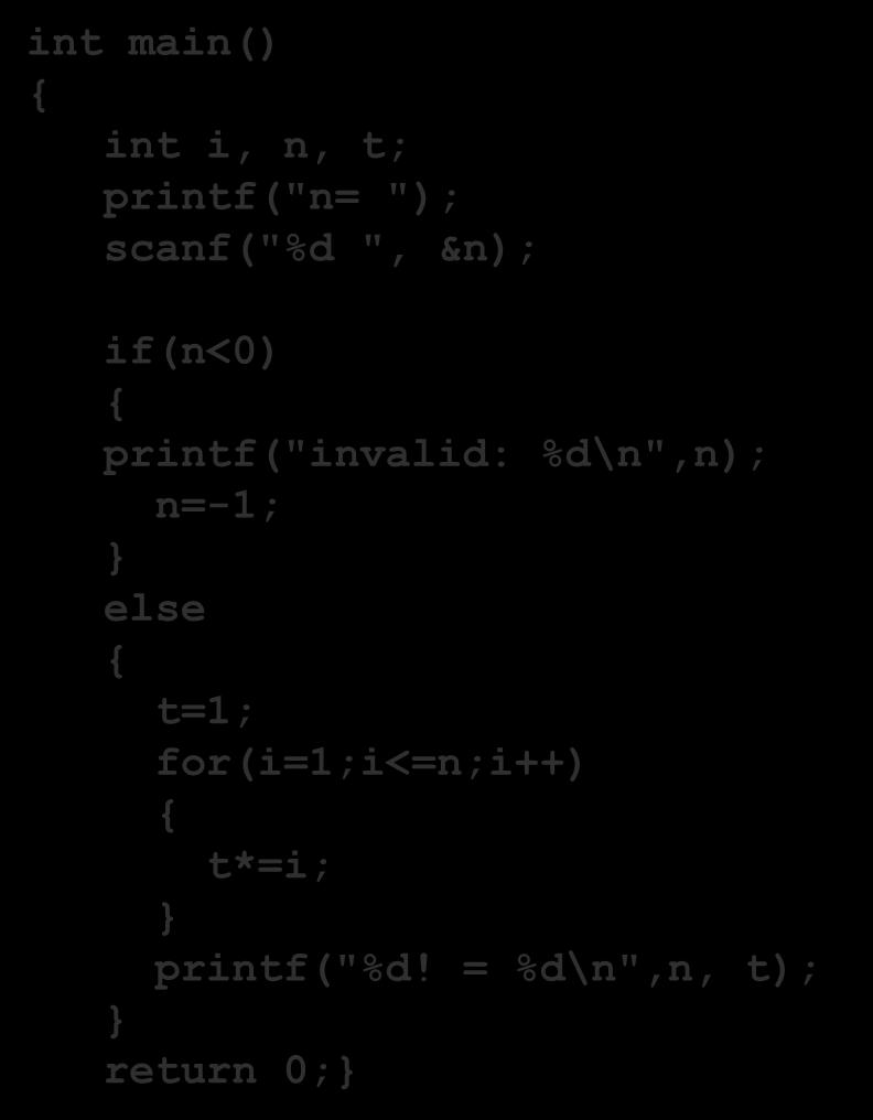 2016 Software Engineering 76 Exercise int main() { int i, n, t; printf("n= "); scanf("%d ", &n); if(n<0) { printf("invalid: %d\n",n); n=-1; } else { t=1; for(i=1;i<=n;i++) { t*=i; }