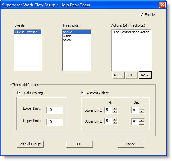 Creating Supervisor Work Flows window appears (Figure 25). NOTE: A skill group may be a part of only one work flow per supervisor. Figure 25. Supervisor Work Flow Setup window 5.