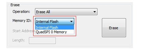 Start Address and Length are the two parameters required for this operation. The erase all operation performs an erase of the entire internal flash memory or of the QuadSPI memory.