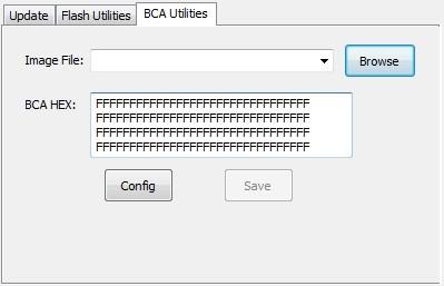 Figure 31. BCA utility tab page 4.4.1 Image file combo box See Section 4.2.1, "Image file combo box". 4.4.2 Browse button See Section 4.2.2, "Browse button". 4.4.3 BCA hex textbox The BCA hex textbox contains the BCA hex digits.