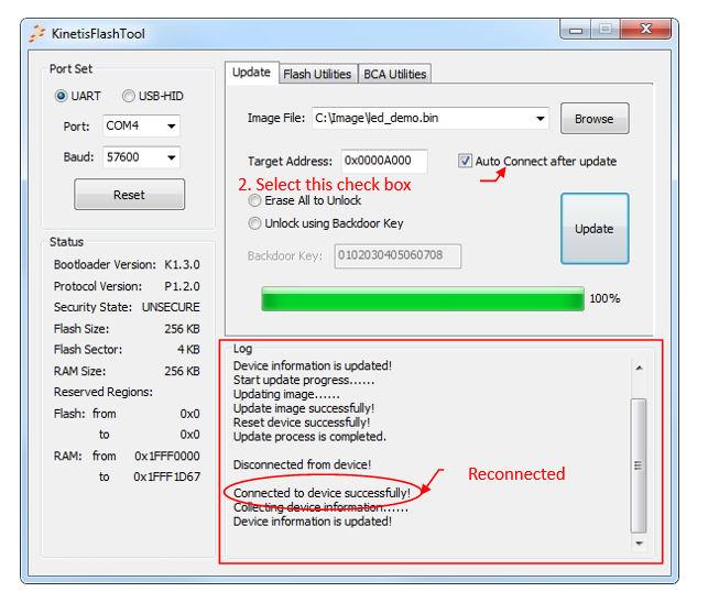 Typical usage Figure 43. Continuous update 5.4 Flash erase 5.4.1 Flash erase region 1. Follow steps 1 and 2 in the normal update to connect the target device. 2. Select the flash utilities tab page.