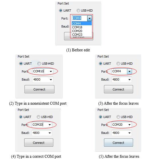 Figure 5. Edit COM port combo box 4.1.1.3 Baud rate combo box Displays the currently selected baud rate.