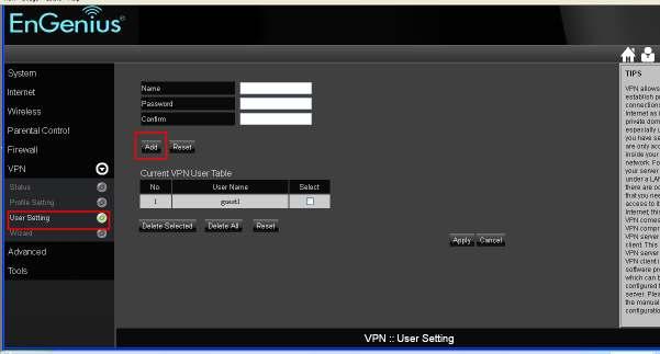 Profile Setting: If you wish to manually setup a VPN tunnel, you can go to Profile Setting in the VPN section.